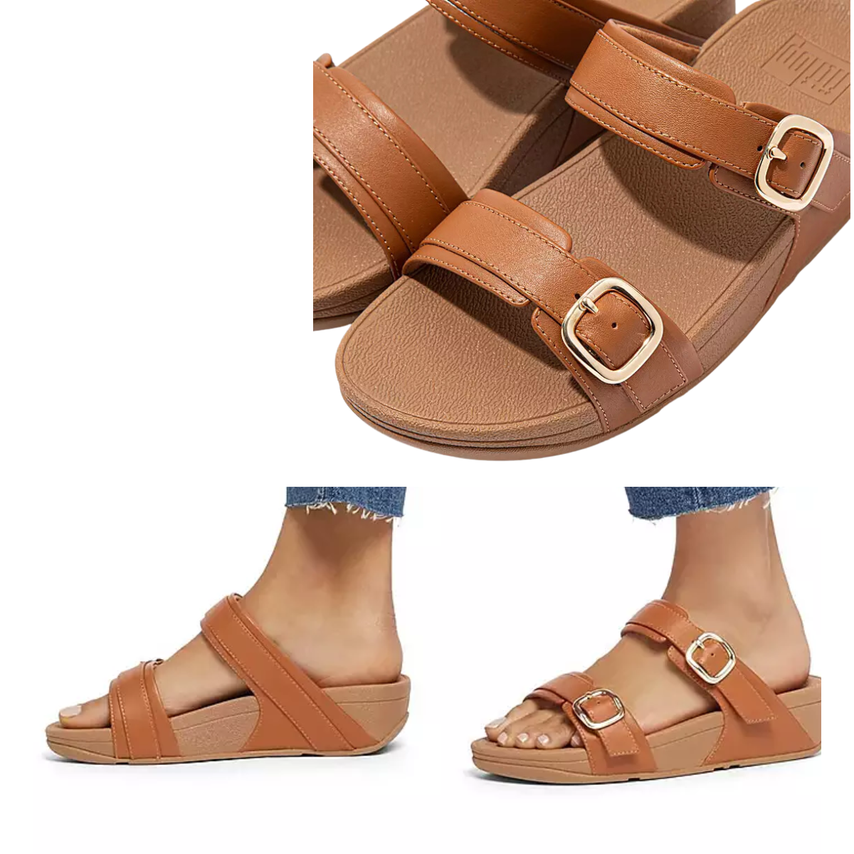 Close-up of Lulu Adjustable Leather Slide Sandals in Tan by FIT FLOPS featuring two adjustable straps with metal buckles for a customizable fit. Crafted from high-quality leather, these sandals have earned the APMA Seal of Acceptance. An additional image shows a person's feet wearing the Lulu Adjustable Leather Slide Sandals in Tan by FIT FLOPS with cuffed jeans.