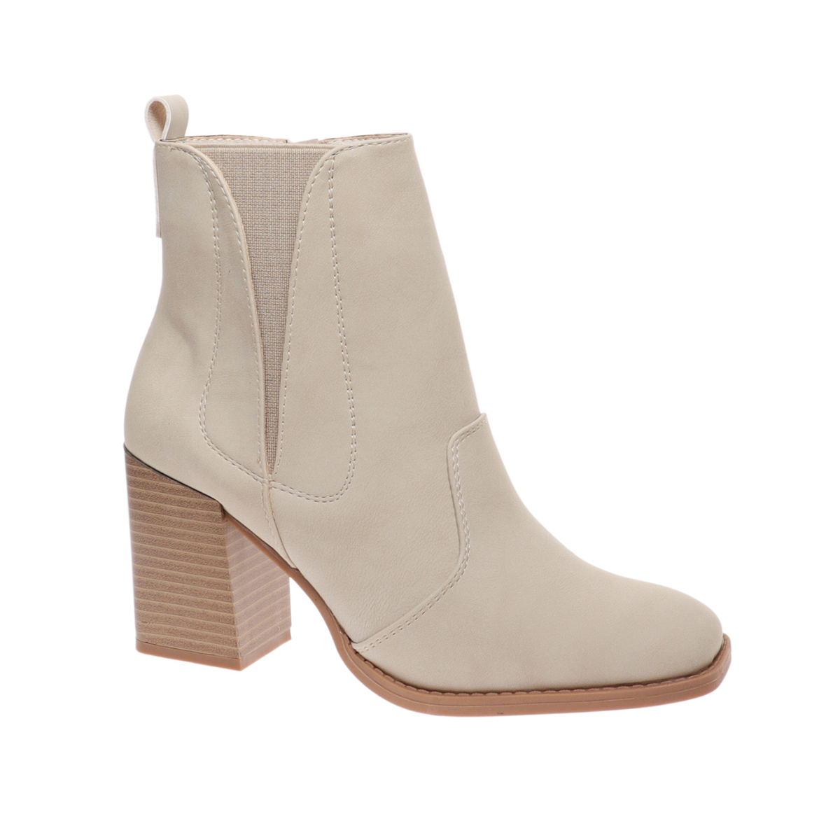 The OLEM SHOE CORP Cammy-16 Block Heel Ankle Boot in Nude Nubuck features a high block heel, rounded toe, and side elastic panel, showcased on a plain white background.