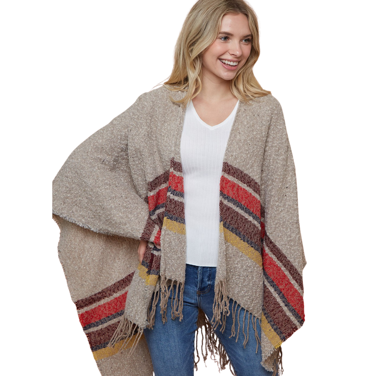 A woman smiles in the FASHION GO Striped Wrap—an acrylic shawl with red, yellow, and brown stripes—styled over a white shirt and blue jeans against a white background.