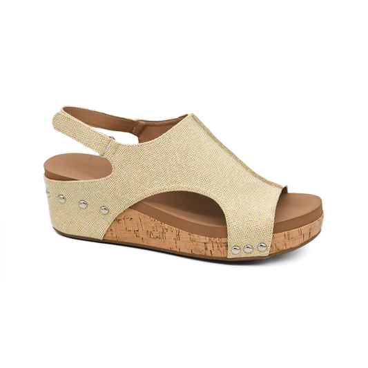 The Volta II in Gold Shimmer by CORKY'S FOOTWEAR INC features an open toe, slingback strap, cork platform sole, and silver studs—offering stylish comfort for women seeking fashionable sandals.