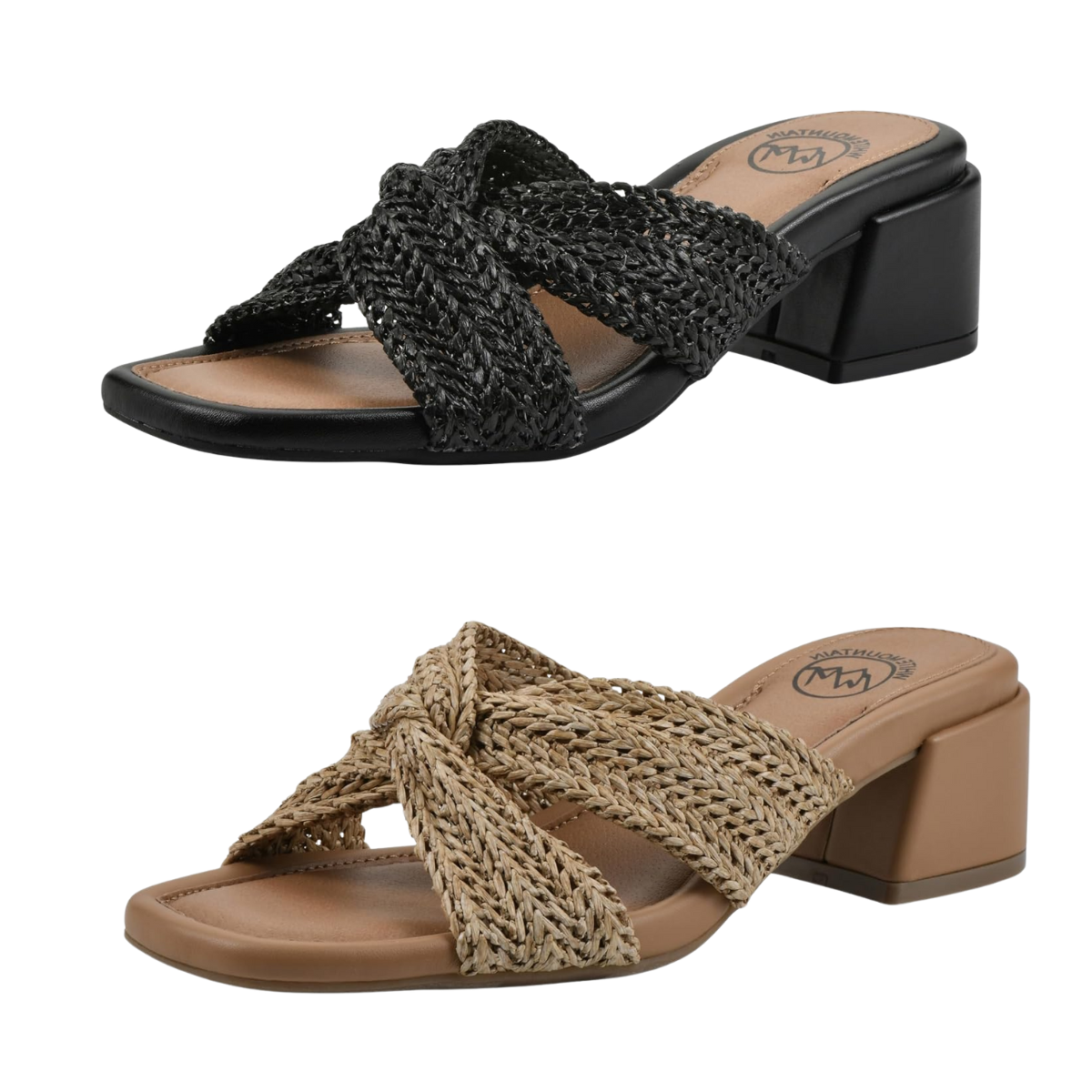 Two pairs of women’s Rattan Criss Cross Heel sandals by White Mountain: both open-toe block heels with woven crisscross straps, one in black and one in tan—versatile and stylish for any occasion. Main image