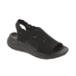 The SKECHERS Flawless Choice Arch Fit Sandal in black features a textured knit upper, open toe, and thick cushioned sole, providing podiatrist-certified support and all-day comfort.