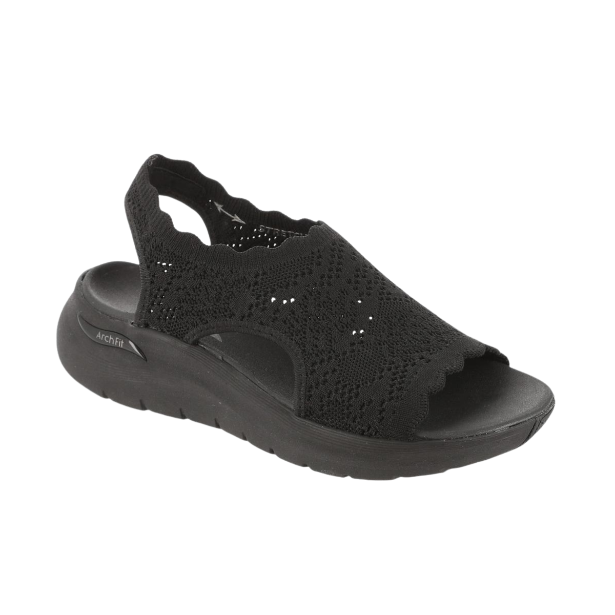The SKECHERS Flawless Choice Arch Fit Sandal in black features a textured knit upper, open toe, and thick cushioned sole, providing podiatrist-certified support and all-day comfort.