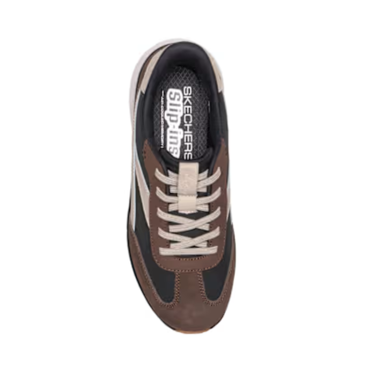 Top view of a brown and black SKECHERS Montecito Slip Ins sneaker with beige and white details, featuring a lace-up design inspired by retro jogger sneakers and enhanced with Air-Cooled Memory Foam for all-day comfort.