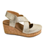 The Case Closed Closed Toe Wedge in Gold by CORKY'S FOOTWEAR INC features a 3" wedge heel, cork platform, and velcro ankle strap for easy wear.