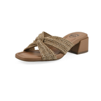 The White Mountain Rattan Criss Cross Heel is a women’s slip-on sandal with a woven tan upper, open toe, and chunky mid-height block heel for stylish comfort.