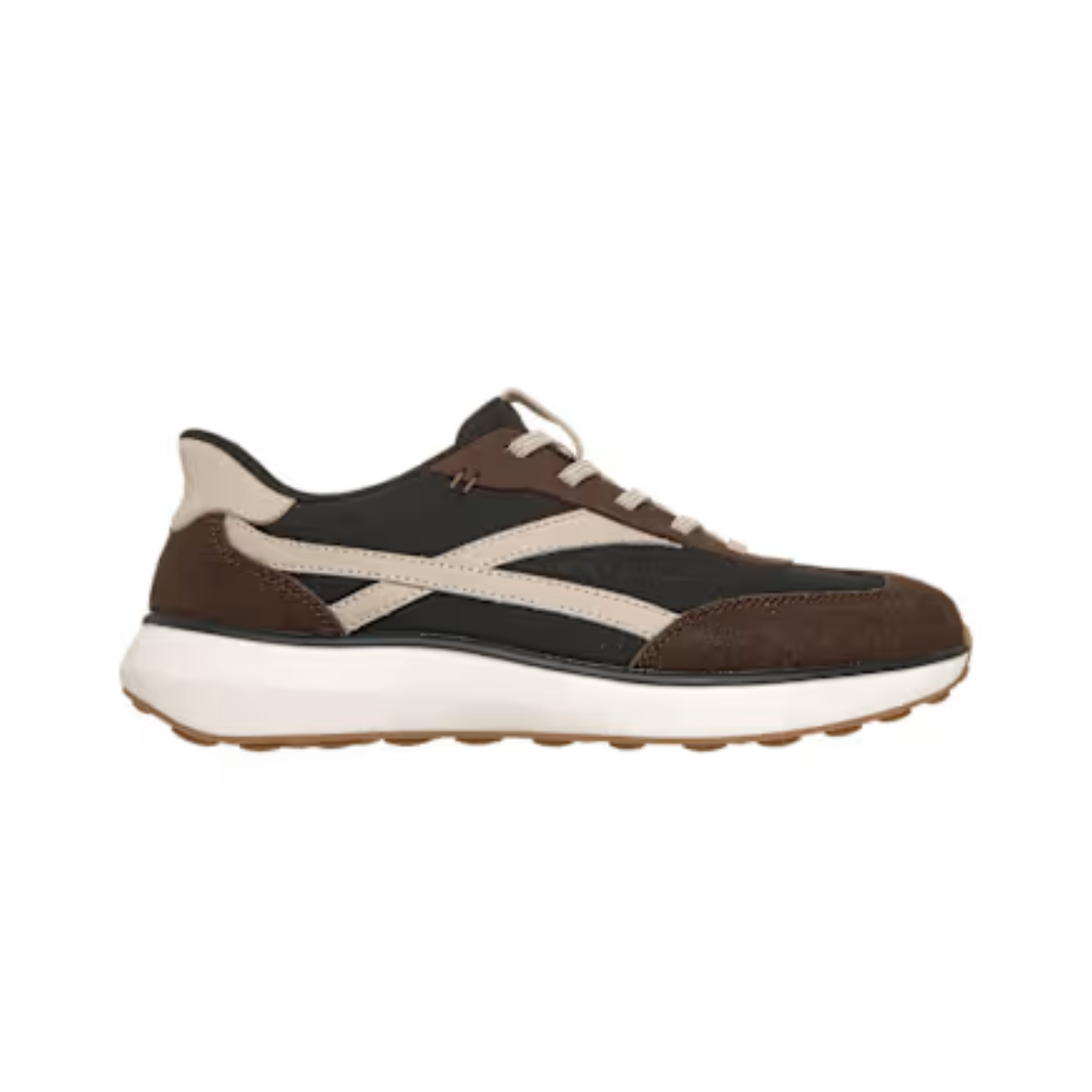 Women's Skechers Montecito 159459 brown cream and black retro sneaker with Hands Free Slip-ins design Main image