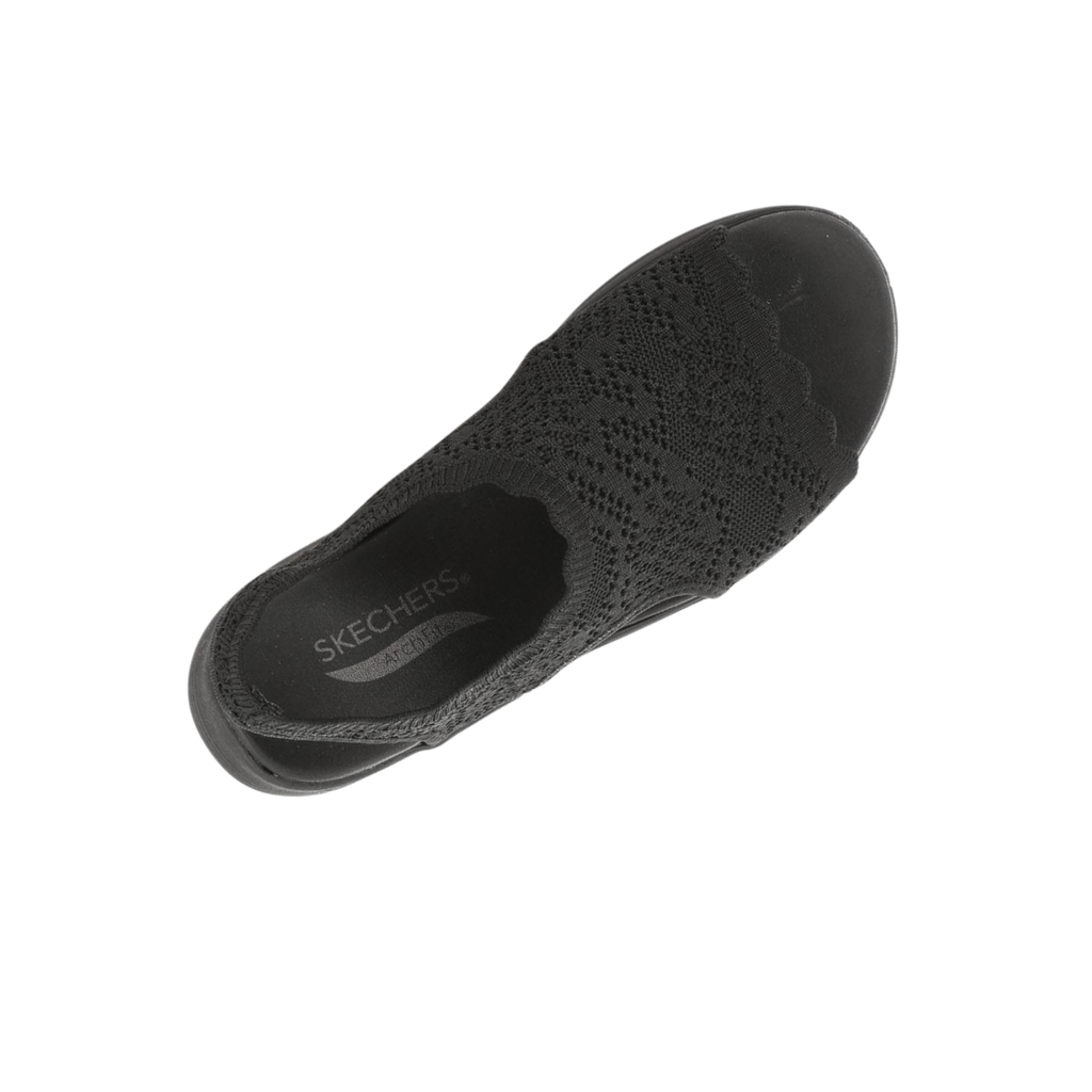 Top view of the SKECHERS Flawless Choice Arch Fit Sandal in black, featuring a crochet-style knit upper, closed toe, and podiatrist-certified support for all-day comfort.