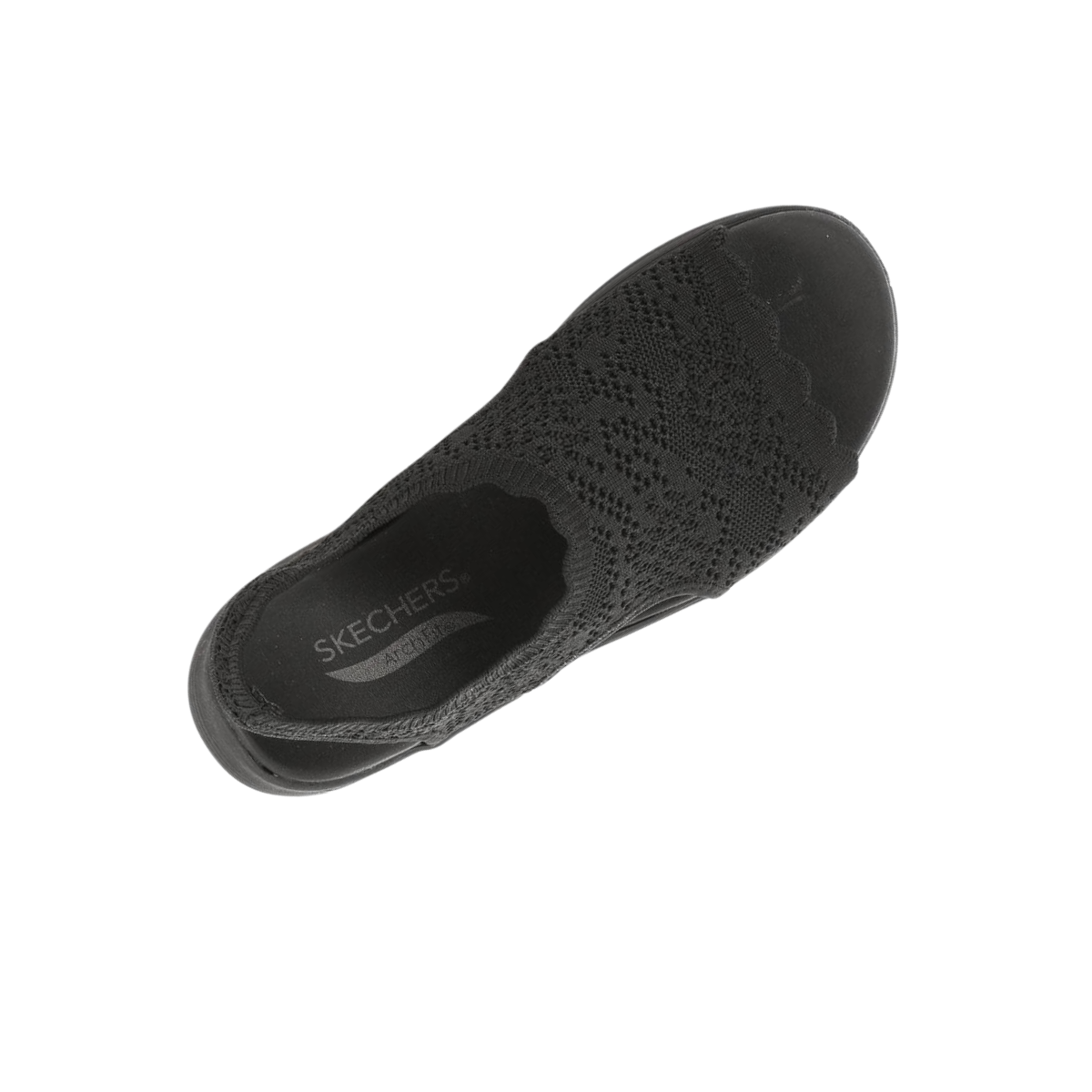 Top view of the SKECHERS Flawless Choice Arch Fit Sandal in black, featuring a crochet-style knit upper, closed toe, and podiatrist-certified support for all-day comfort.