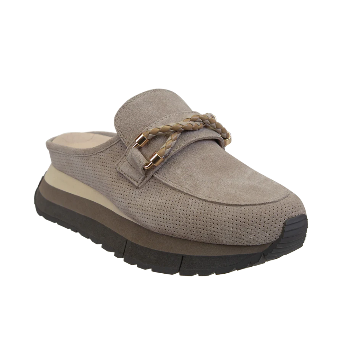 The POLO in TAUPE Platform Sneakers by Consolidated Shoe Co are slip-on suede mules with perforated uppers, a braided decorative strap, and a thick black rubber sole for comfortable style.