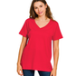 A woman faces forward wearing a bright red FASHION GO Boyfriend V-Neck Tee in a relaxed fit with blue jeans, set against a plain white background.