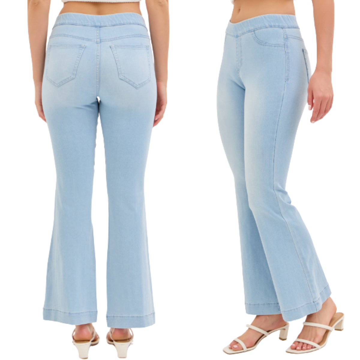 Model wearing FASHION GO Cello Pull On Jeans in Light Wash with a 30" inseam and white sandals, shown from the back and side against a white background.