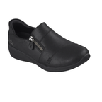 The SKECHERS Silvana Black Slip Ins Sneaker is a hands-free slip-on shoe with a side zipper, low wedge heel, and smooth upper material. Featuring Air-Cooled Memory Foam for all-day cushioning, it is displayed on a white background.