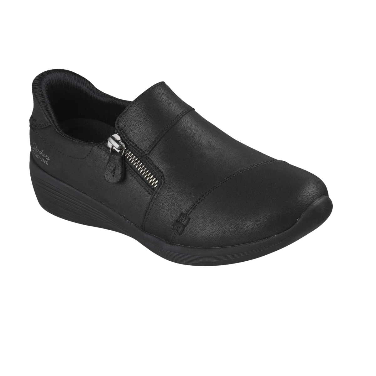 The SKECHERS Silvana Black Slip Ins Sneaker is a hands-free slip-on shoe with a side zipper, low wedge heel, and smooth upper material. Featuring Air-Cooled Memory Foam for all-day cushioning, it is displayed on a white background.