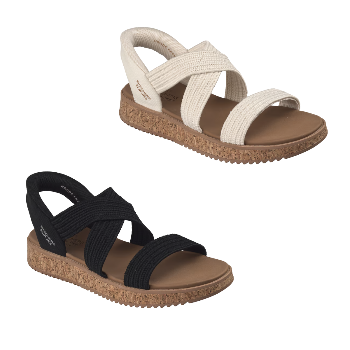 Two pairs of SKECHERS Slip-ins: BOBS Sun Vibe - Island Stroll sandals, one beige and one black, feature crisscross fabric straps, cork-patterned soles, and a cushioned footbed for comfort—all shown on a white background.