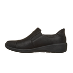The SKECHERS Silvana Black Slip-Ins Sneaker features a hands-free design with a low wedge heel, rounded toe, and subtle stitching details, presented in a left side profile view. Enhanced with Air-Cooled Memory Foam, it offers superior cushioning and all-day comfort.