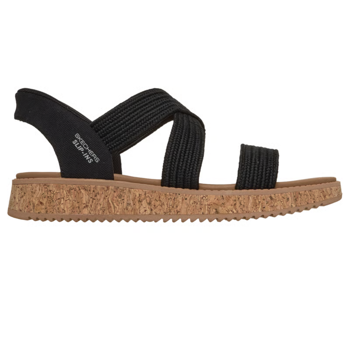 The Skechers Slip-ins: BOBS Sun Vibe - Island Stroll is a black fabric strappy casual sandal with a cork-textured sole, flat heel, cushioned footbed for all-day comfort, and SKECHERS branding on the ankle strap.