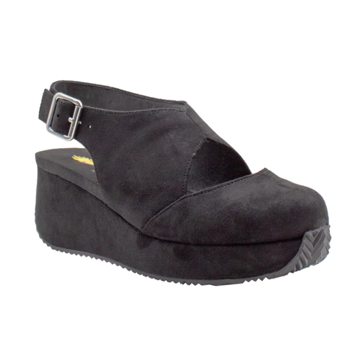 The Volatile Aurora Black Mary Jane Wedge features black suede, a closed toe, adjustable buckle strap, cushioned insole, and a thick textured sole for grip—combining all-day comfort and style.