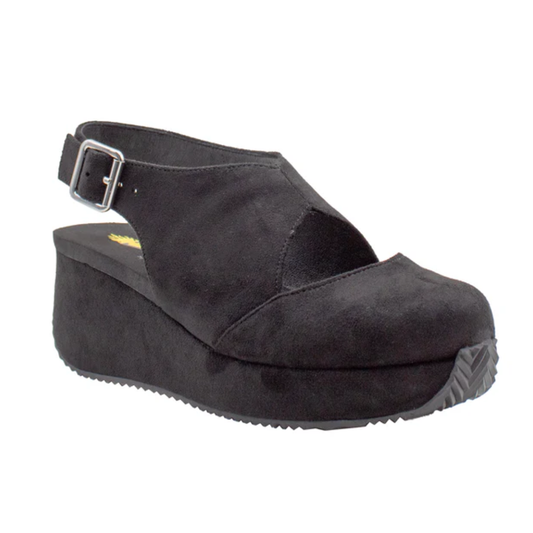 The Volatile Aurora Black Mary Jane Wedge features black suede, a closed toe, adjustable buckle strap, cushioned insole, and a thick textured sole for grip—combining all-day comfort and style.