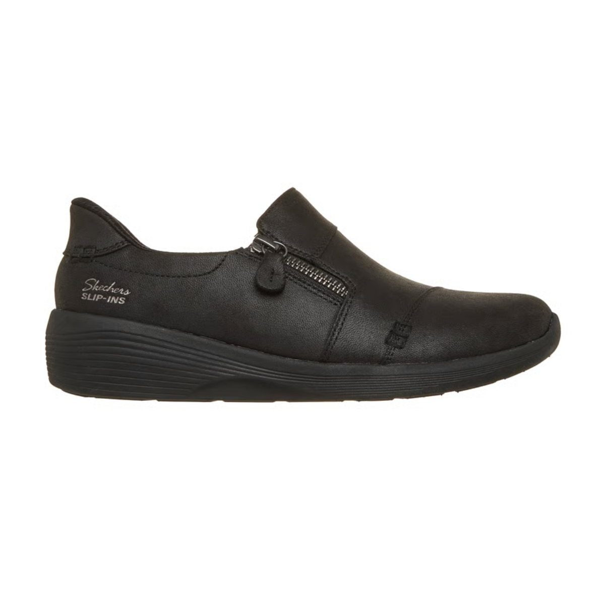 A side profile of the SKECHERS Silvana Black Slip Ins Sneaker is shown on a white background, featuring a hands-free slip-in design with a low wedge heel, side zipper, “Skechers Slip-Ins” text near the heel, and Air-Cooled Memory Foam for enhanced comfort. Main image