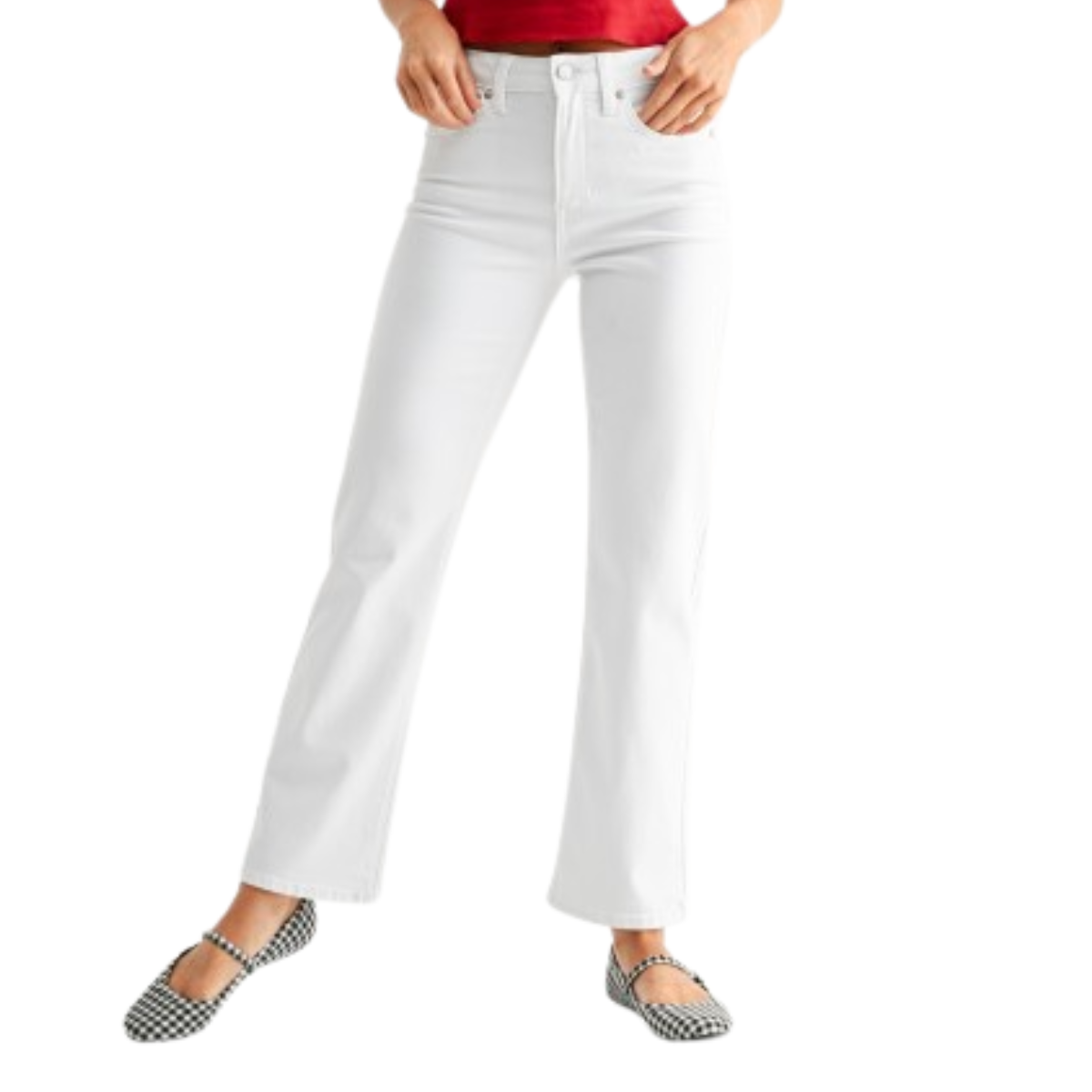 A person wearing FASHION GO Straight Leg Jean, a red top, and black-and-white checkered flats stands against a white background. Main image