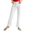 A person wearing FASHION GO Straight Leg Jean, a red top, and black-and-white checkered flats stands against a white background.