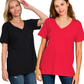 Two women stand side by side against a white background, each wearing a FASHION GO Boyfriend V-Neck Tee in 100% cotton—one in black, one in red—styled with jeans for an easy, casual look.