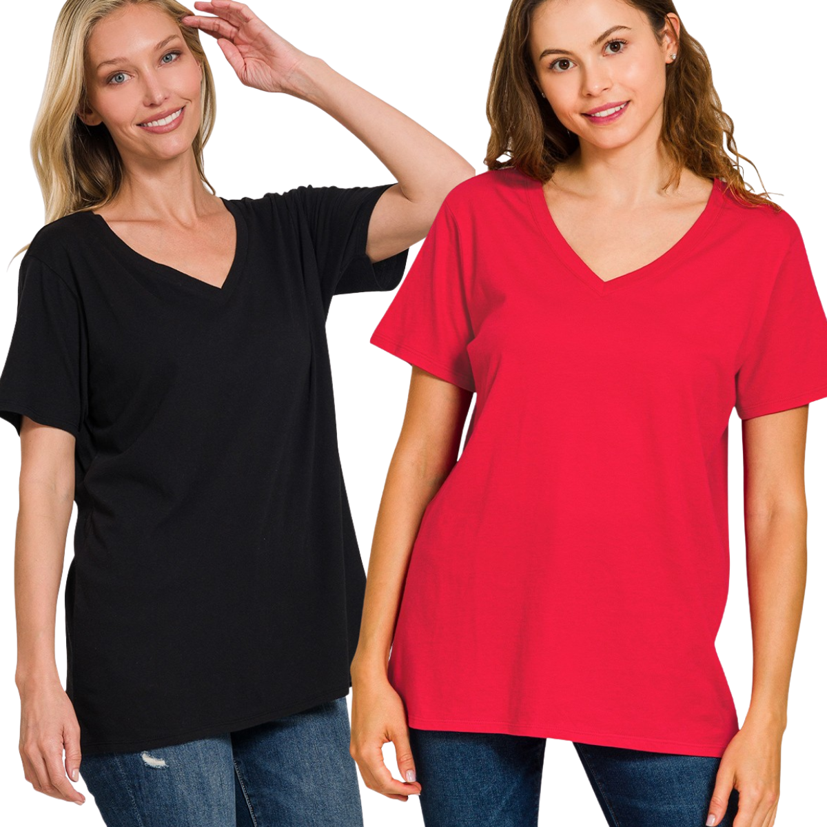 Two women stand side by side against a white background, each wearing a FASHION GO Boyfriend V-Neck Tee in 100% cotton—one in black, one in red—styled with jeans for an easy, casual look.
