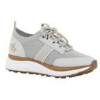 The Speed Sneakers in Mist by OTBT from Consolidated Shoe Co feature a light gray knit upper, lace-up closure, beige accents, and a speckled brown recycled rubber sole with a white midsole.