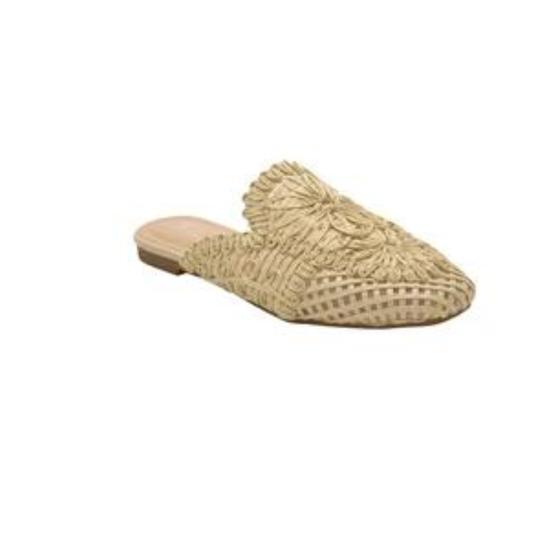The GOLDEN ROADTRADING Woven Ratan Backless Flats feature a beige, closed woven upper, flat sole, and decorative detailing for a chic, ballet-inspired look.