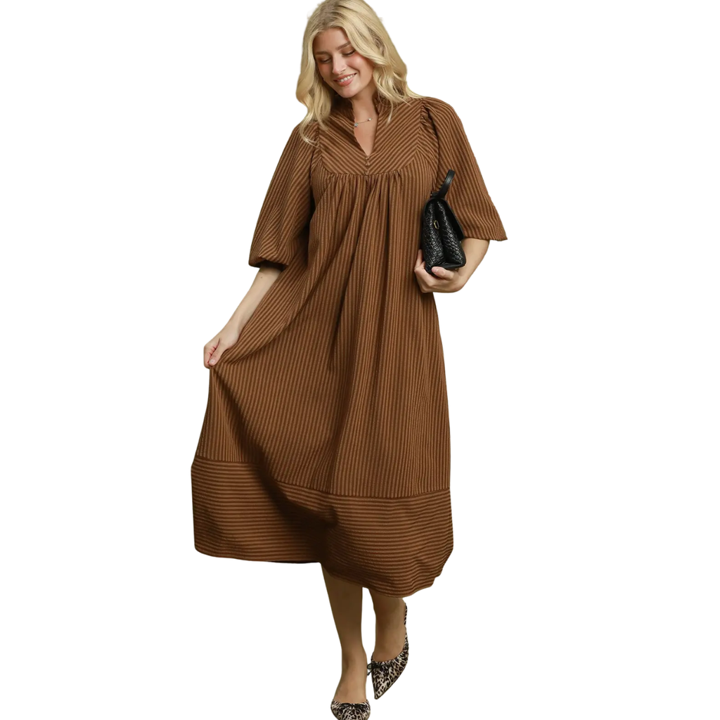 Women's striped seersucker midi dress with smocked gathered yoke, split V-neck, elbow-length dolman sleeves and side pockets