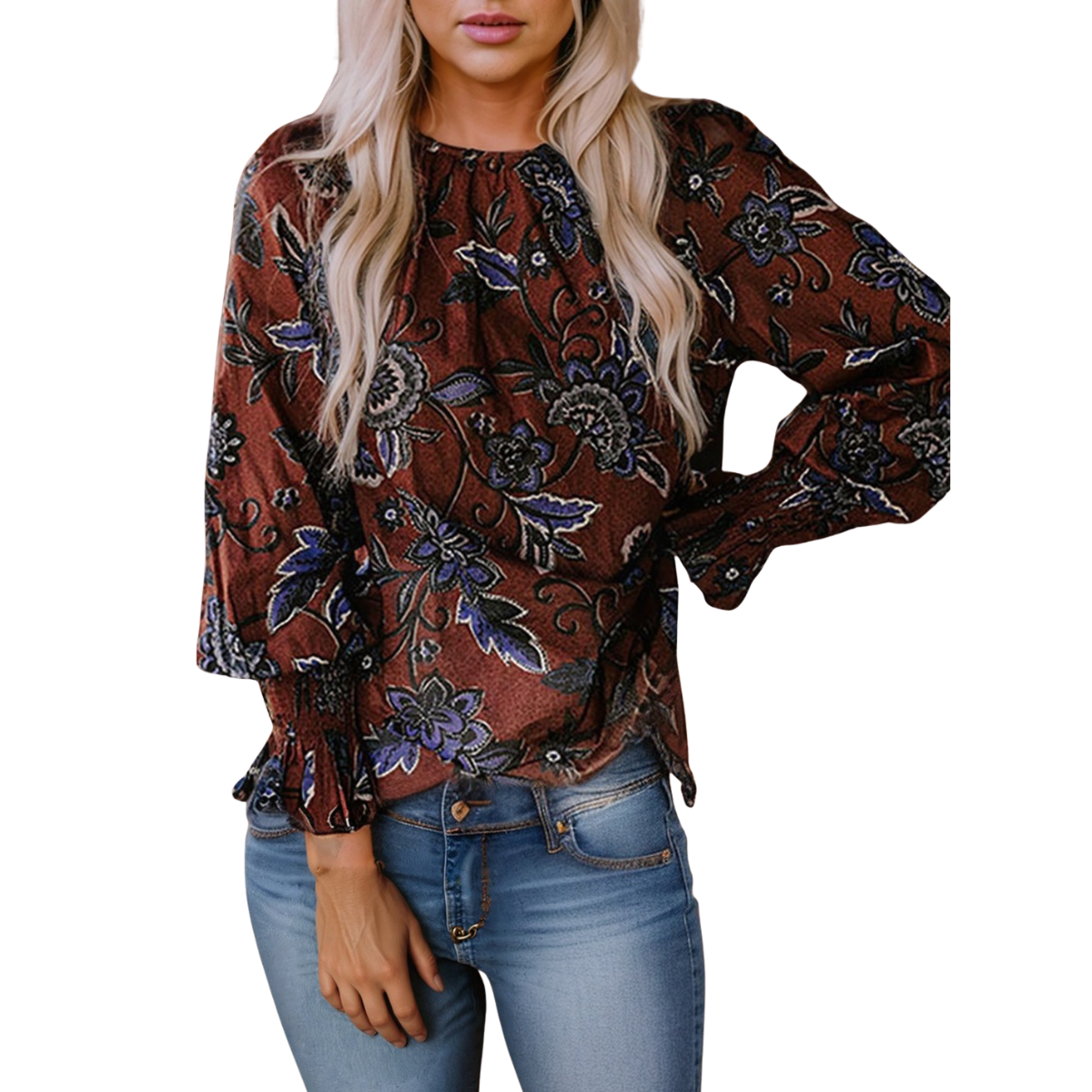 A woman wears the FASHION GO Floral Print Smocked Cuffs Shift Blouse in brown and blue, styled with light blue jeans—a relaxed autumn look. Main image