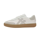 The Dash T-Toe Leather/Suede Sneaker by FITFLOP USA LLC is a white low-top shoe with a beige rubber sole, subtle side stitching, and iQushion cushioning for added comfort.