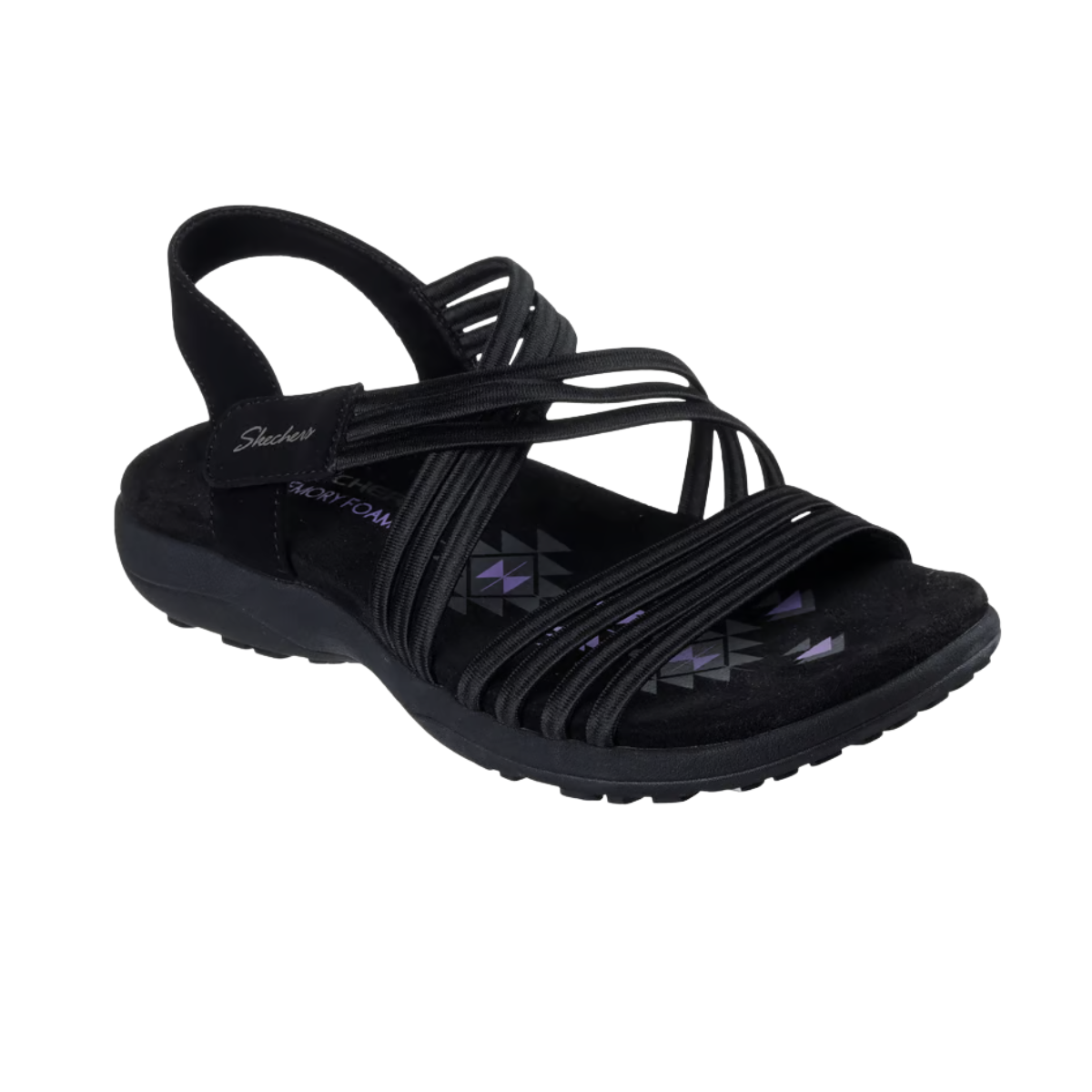 The SKECHERS Reggae Slim Sunnyside sandal features an open-toe design, elastic straps, a cushioned geometric-pattern footbed, and is perfect for summer comfort. Shown here from a front side angle.