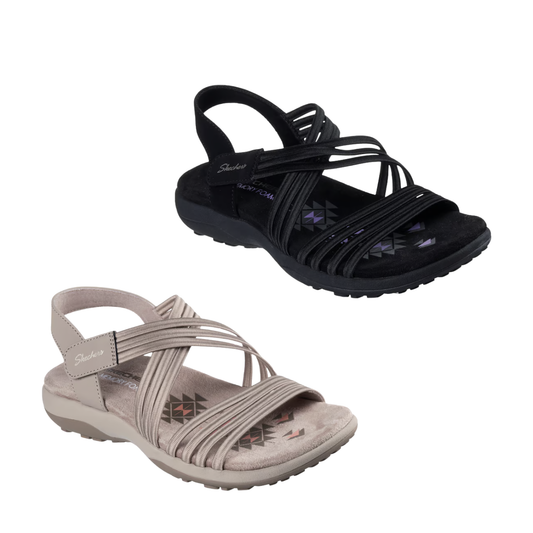 Two pairs of SKECHERS Reggae Slim Sunnyside sandals for women—one black, one beige—feature crisscross straps and a cushioned footbed, offering comfort and style for summer. Shown on a white background.