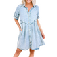 Woman wearing an acid washed, light FASHION GO Ruffled Short Sleeve Buttoned Denim Dress with short sleeves and hands in pockets, showcasing a retro look.