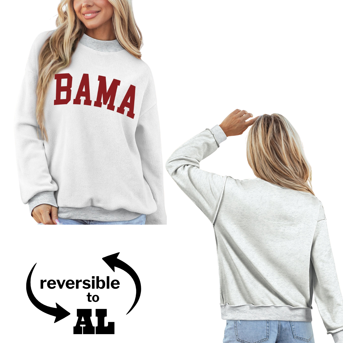 A woman models the FASHION GO Reversible BAMA Sweatshirt, a cozy game day top with “BAMA” in bold red letters on the front and a plain light gray back; graphic shows it reverses to reveal “AL.”. Main image