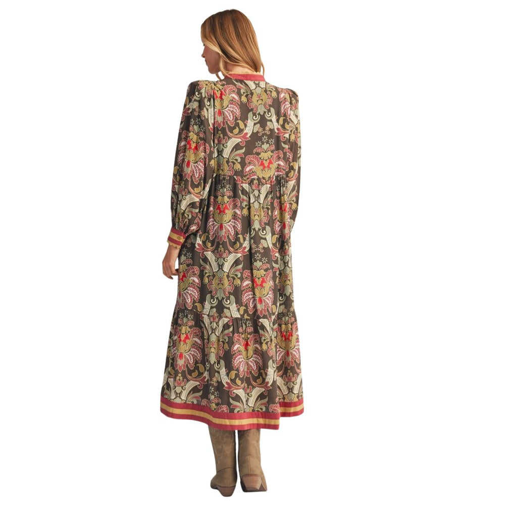Women’s puff shoulder Baroque floral midi dress with long sleeves, contrast detailing and scalloped trim