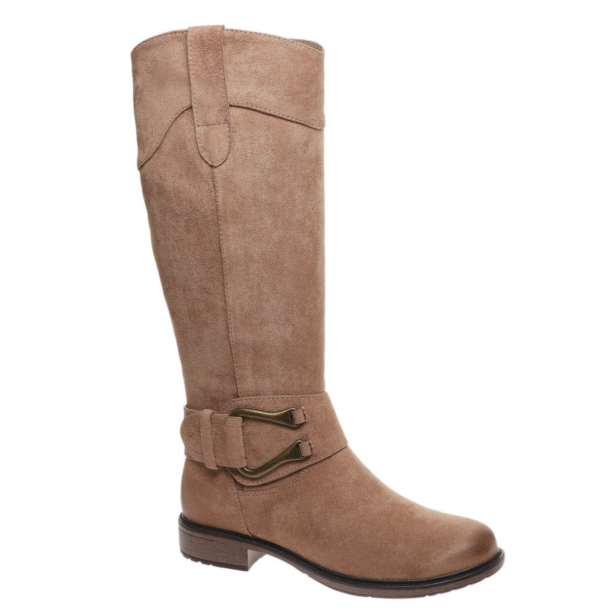 The Olem Pierre Dumas Barcelona-31 Tall Boot in taupe features a low heel, decorative ankle strap with buckle, and is displayed against a plain white background.