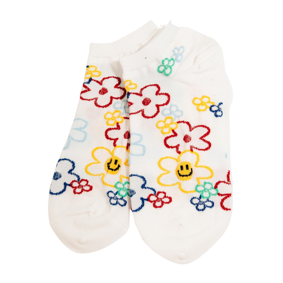 FASHION GO's Smiley Face Socks are adorned with a vibrant floral pattern and happy smiley faces.