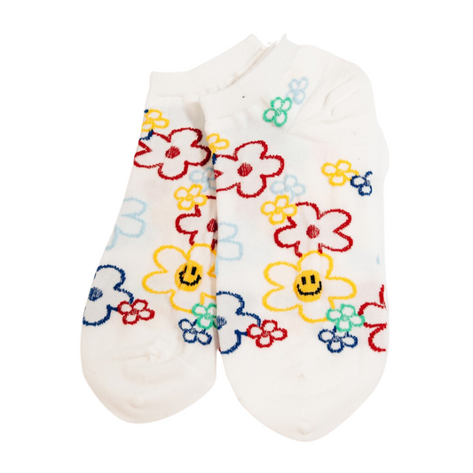 FASHION GO's Smiley Face Socks are adorned with a vibrant floral pattern and happy smiley faces.