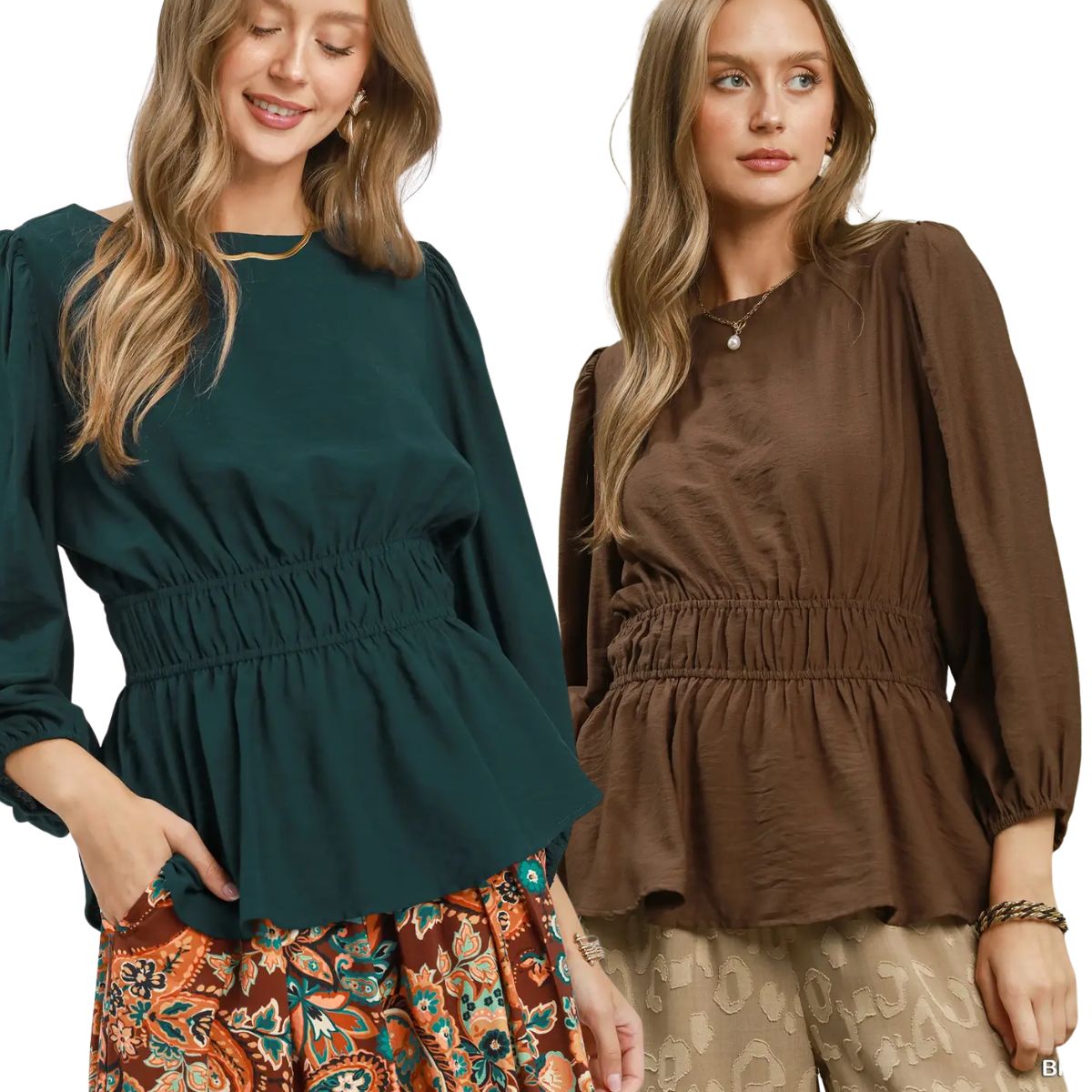 Women's long sleeve blouse with smocked waist, puff sleeves and peplum hem Main image
