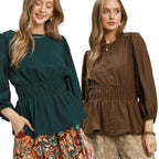 Women's long sleeve blouse with smocked waist, puff sleeves and peplum hem