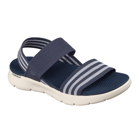 The SKECHERS USA INC GO WALK Flex Sandal - Atlas features navy blue with white and navy striped straps, a textured footbed, and a white cushioned sole for ultra comfort.