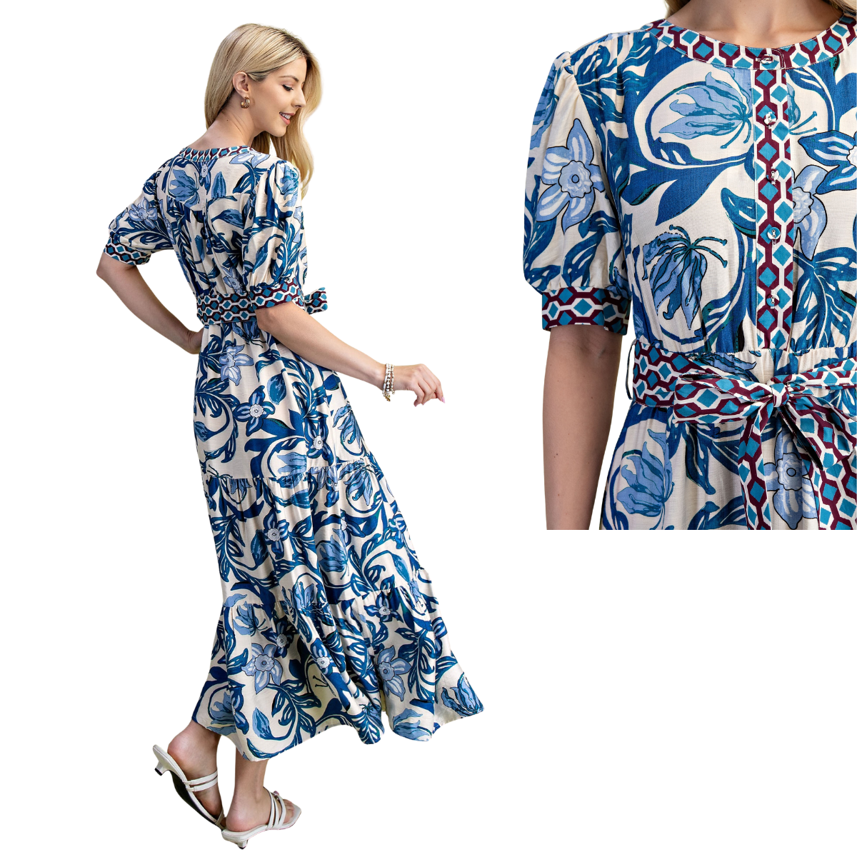 Colbalt Mix Pattern Tie Waisted Dress Secondary image