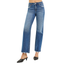 A woman models FASHION GO’s Tummy Control High Rise Ankle Straight Jeans with Distressed Pockets & Hem in stretch denim, styled with black heeled mules, shown from waist down against a white background.