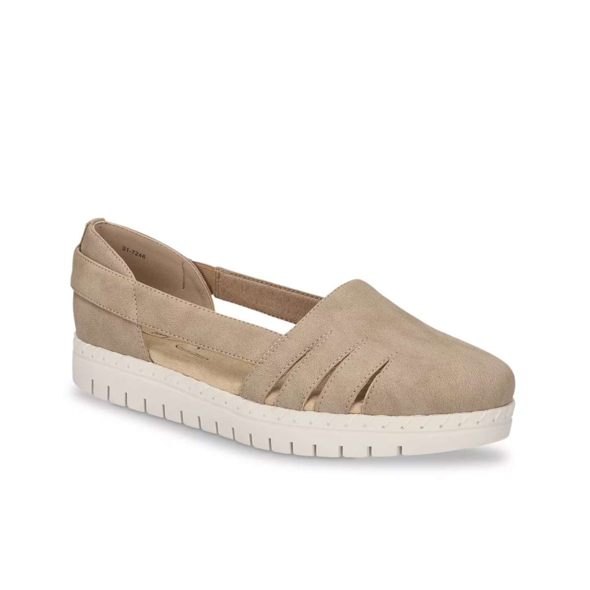 The EASY STREET Easy Street Bugsy Slip On in Taupe features cutout side details, a padded insole, and a thick white flexible outsole, shown against a white background.