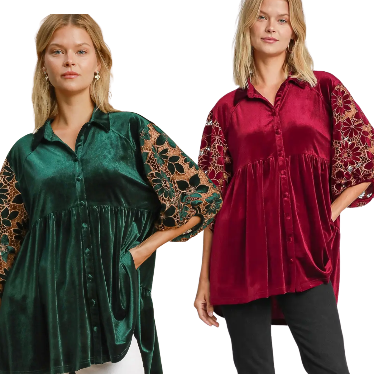 Two women wear Umgee Floral Lace Contrast Velvet Tunics: one green with floral lace sleeves and one red with lace detail, both featuring a loose fit and button-up front.