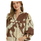 Women's floral peasant blouse with smocked yoke, lace trim, ruffle neckline and balloon sleeves