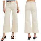 Front and back view of a person wearing FASHION GO's Tummy Control High Rise Wide Adjustable Waistband pants in Ivory, styled with black heeled sandals.